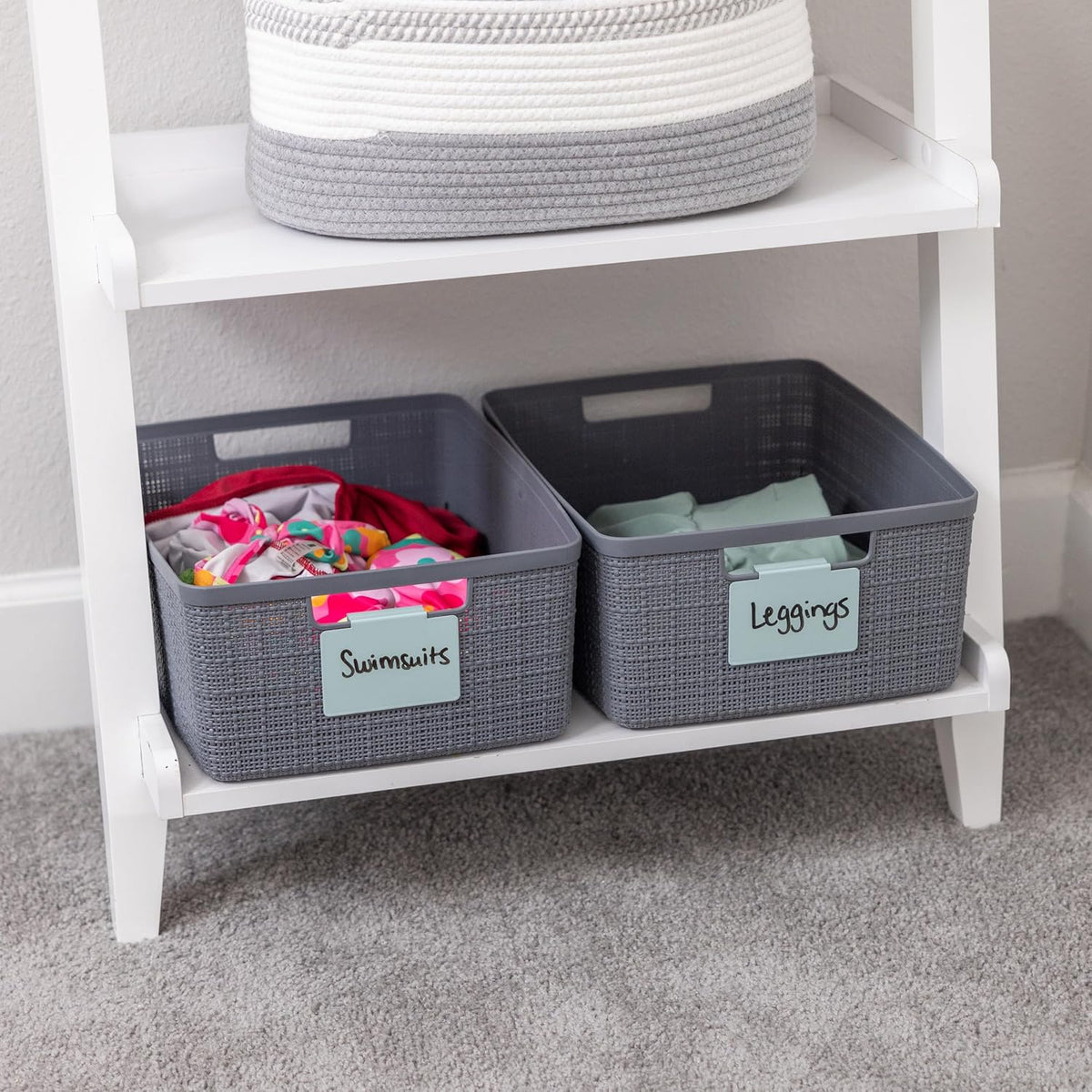 Metal Non-Slip Basket Labels Clip On for Storage Bins, or Wire Racks | Includes 8 Labels, 8 Non-Slip Pads, and 1 Free Marker (Cream)