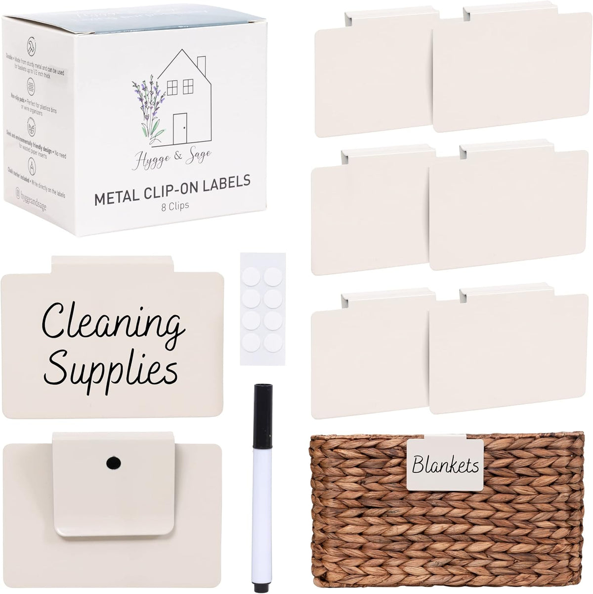 Metal Non-Slip Basket Labels Clip On for Storage Bins, or Wire Racks | Includes 8 Labels, 8 Non-Slip Pads, and 1 Free Marker (Cream)