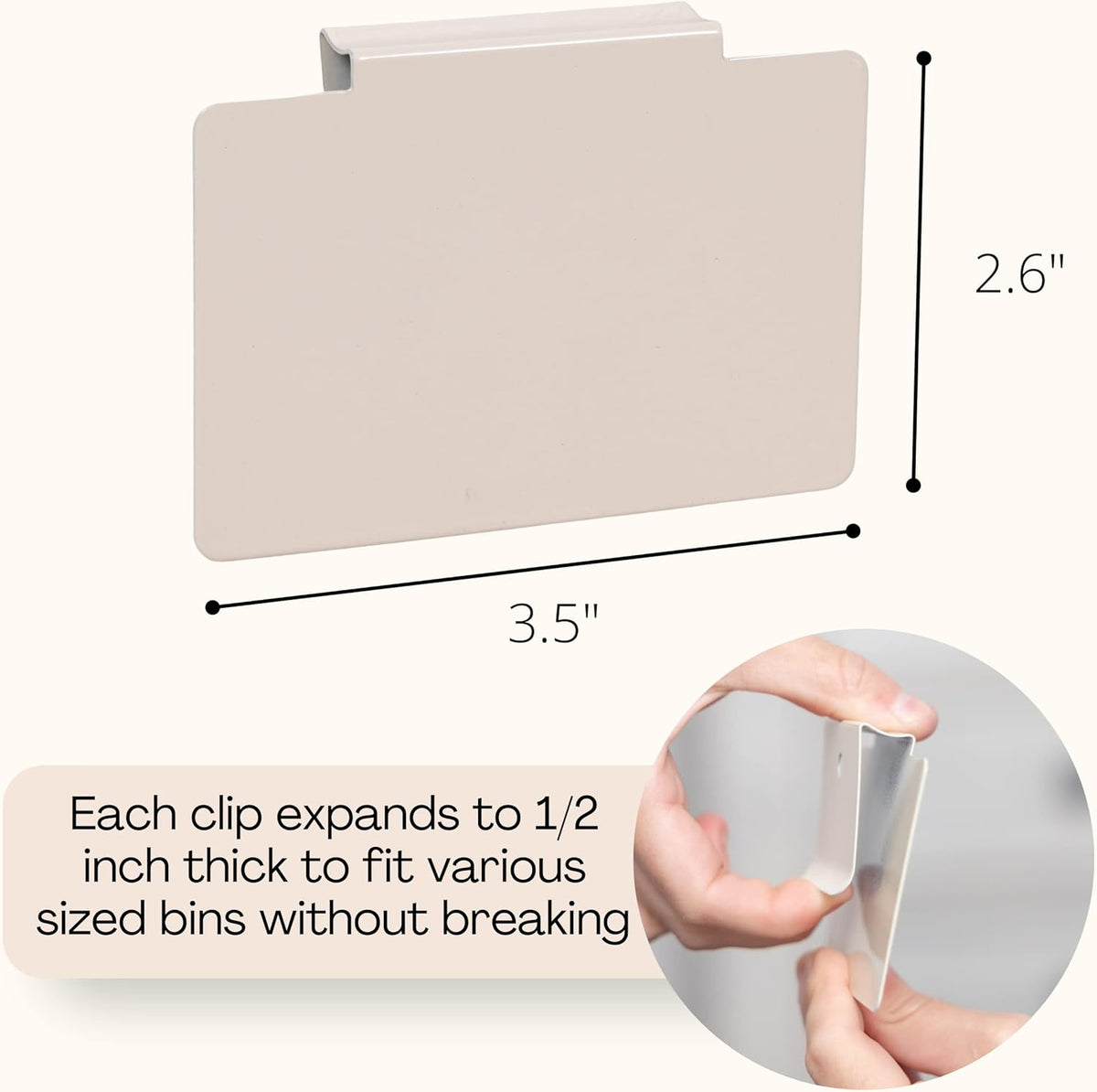 Metal Non-Slip Basket Labels Clip On for Storage Bins, or Wire Racks | Includes 8 Labels, 8 Non-Slip Pads, and 1 Free Marker (Cream)