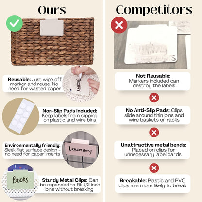 Metal Non-Slip Basket Labels Clip On for Storage Bins, or Wire Racks | Includes 8 Labels, 8 Non-Slip Pads, and 1 Free Marker (Cream)