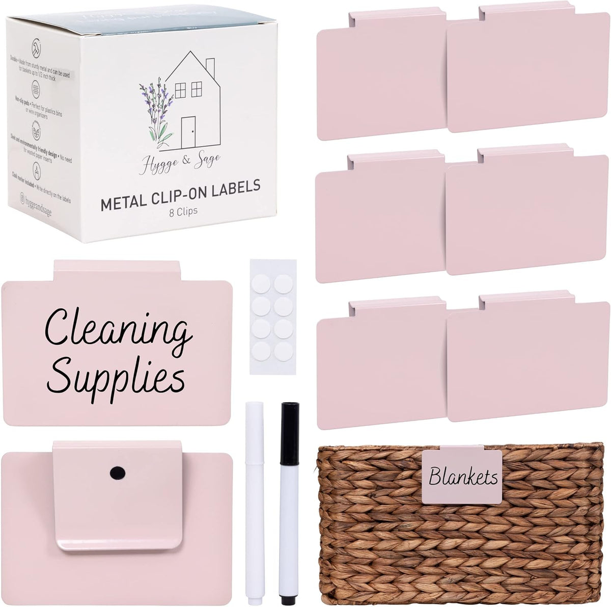 Metal Non-Slip Basket Labels Clip On for Storage Bins, or Wire Racks | Includes 8 Labels, 8 Non-Slip Pads, and 1 Free Marker (Cream)