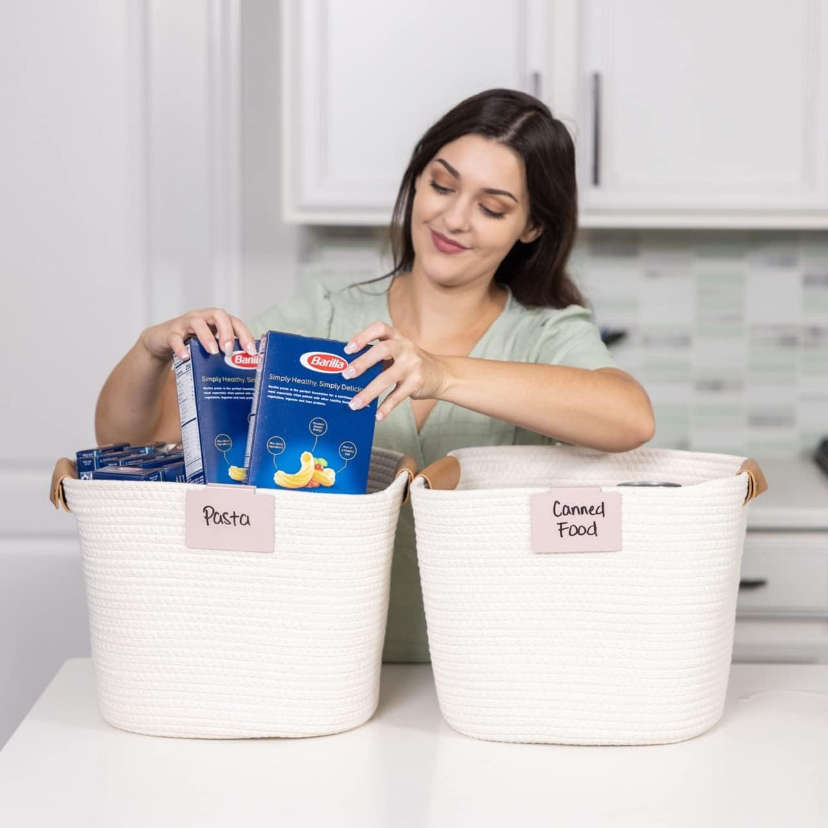 Metal Non-Slip Basket Labels Clip On for Storage Bins, or Wire Racks | Includes 8 Labels, 8 Non-Slip Pads, and 1 Free Marker (Cream)