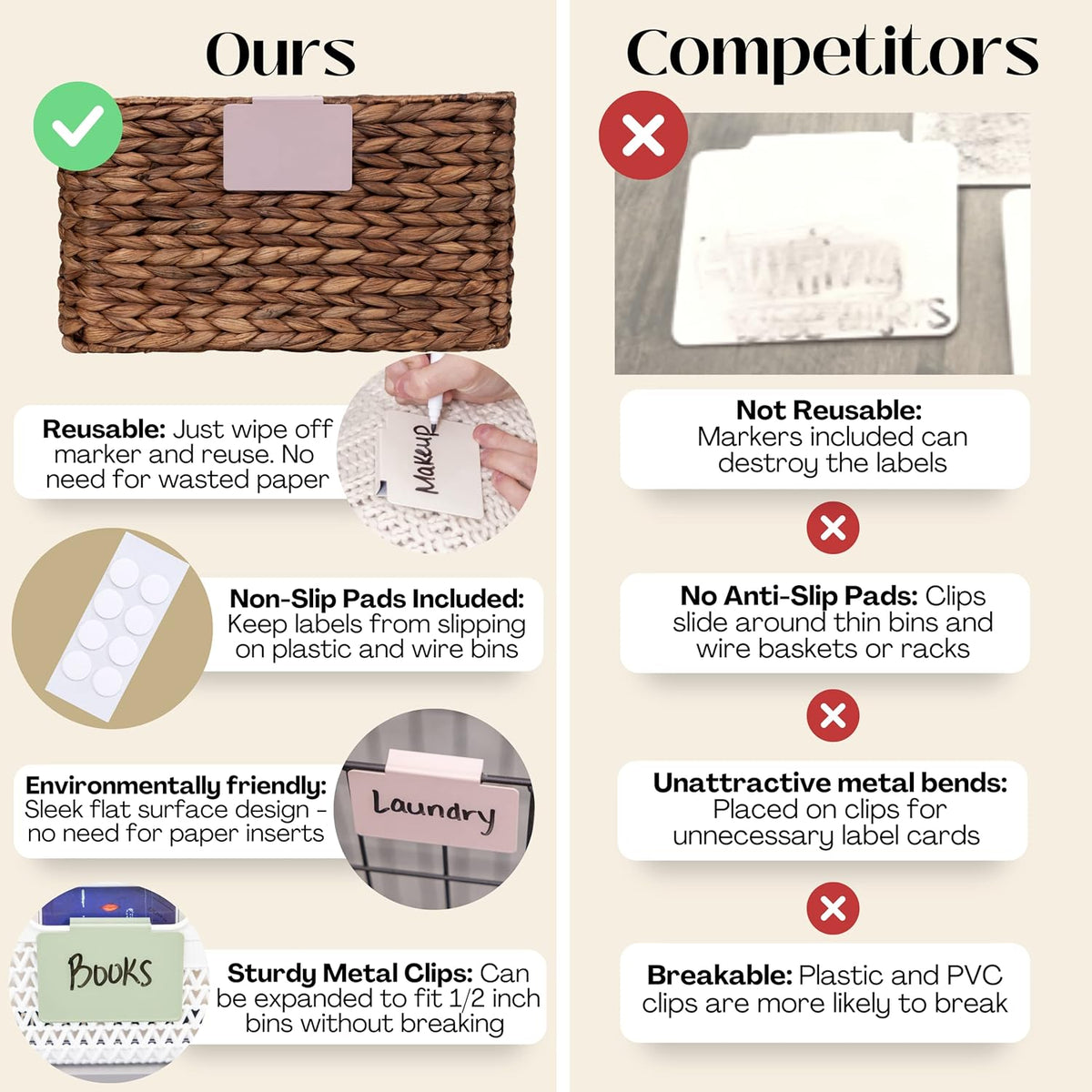 Metal Non-Slip Basket Labels Clip On for Storage Bins, or Wire Racks | Includes 8 Labels, 8 Non-Slip Pads, and 1 Free Marker (Cream)