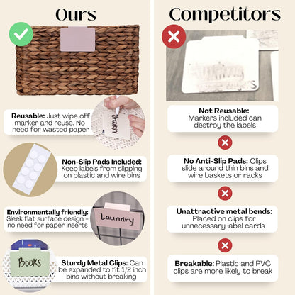 Metal Non-Slip Basket Labels Clip On for Storage Bins, or Wire Racks | Includes 8 Labels, 8 Non-Slip Pads, and 1 Free Marker (Cream)