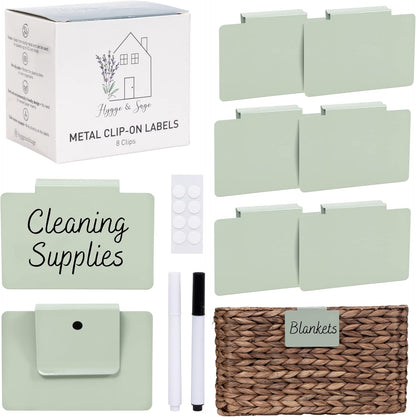 Metal Non-Slip Basket Labels Clip On for Storage Bins, or Wire Racks | Includes 8 Labels, 8 Non-Slip Pads, and 1 Free Marker (Cream)