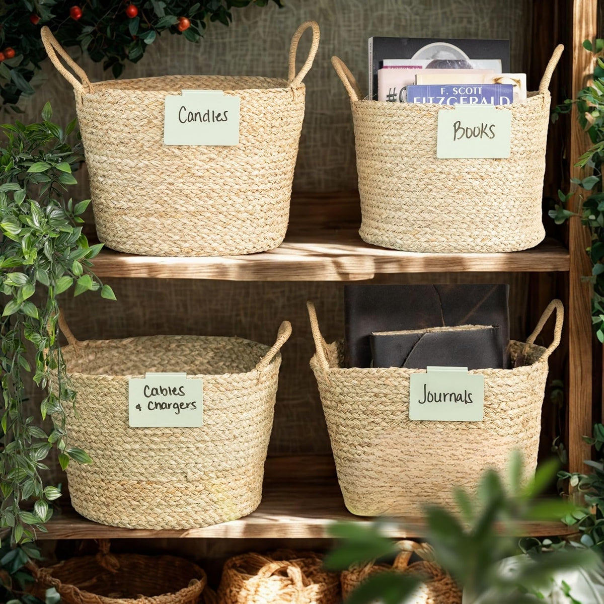 Metal Non-Slip Basket Labels Clip On for Storage Bins, or Wire Racks | Includes 8 Labels, 8 Non-Slip Pads, and 1 Free Marker (Cream)