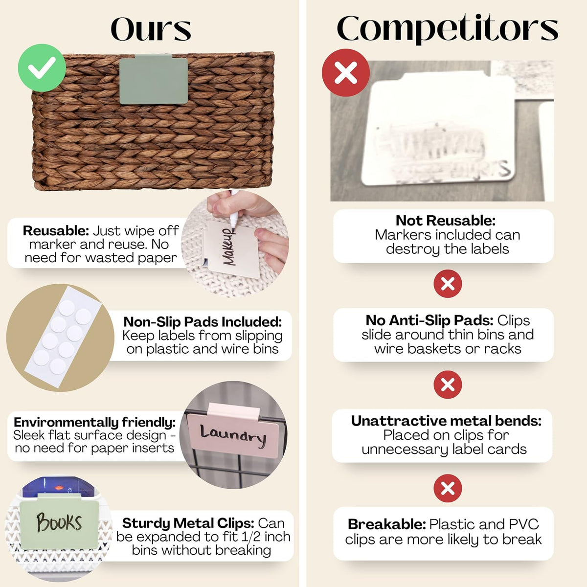 Metal Non-Slip Basket Labels Clip On for Storage Bins, or Wire Racks | Includes 8 Labels, 8 Non-Slip Pads, and 1 Free Marker (Cream)
