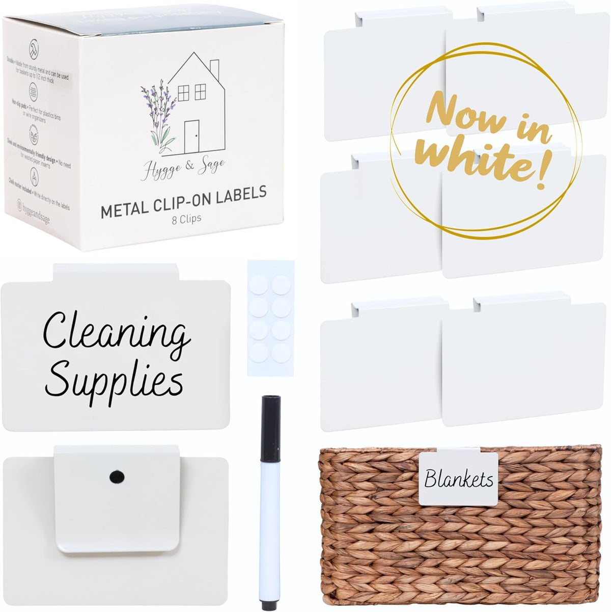 Metal Non-Slip Basket Labels Clip On for Storage Bins, or Wire Racks | Includes 8 Labels, 8 Non-Slip Pads, and 1 Free Marker (Cream)