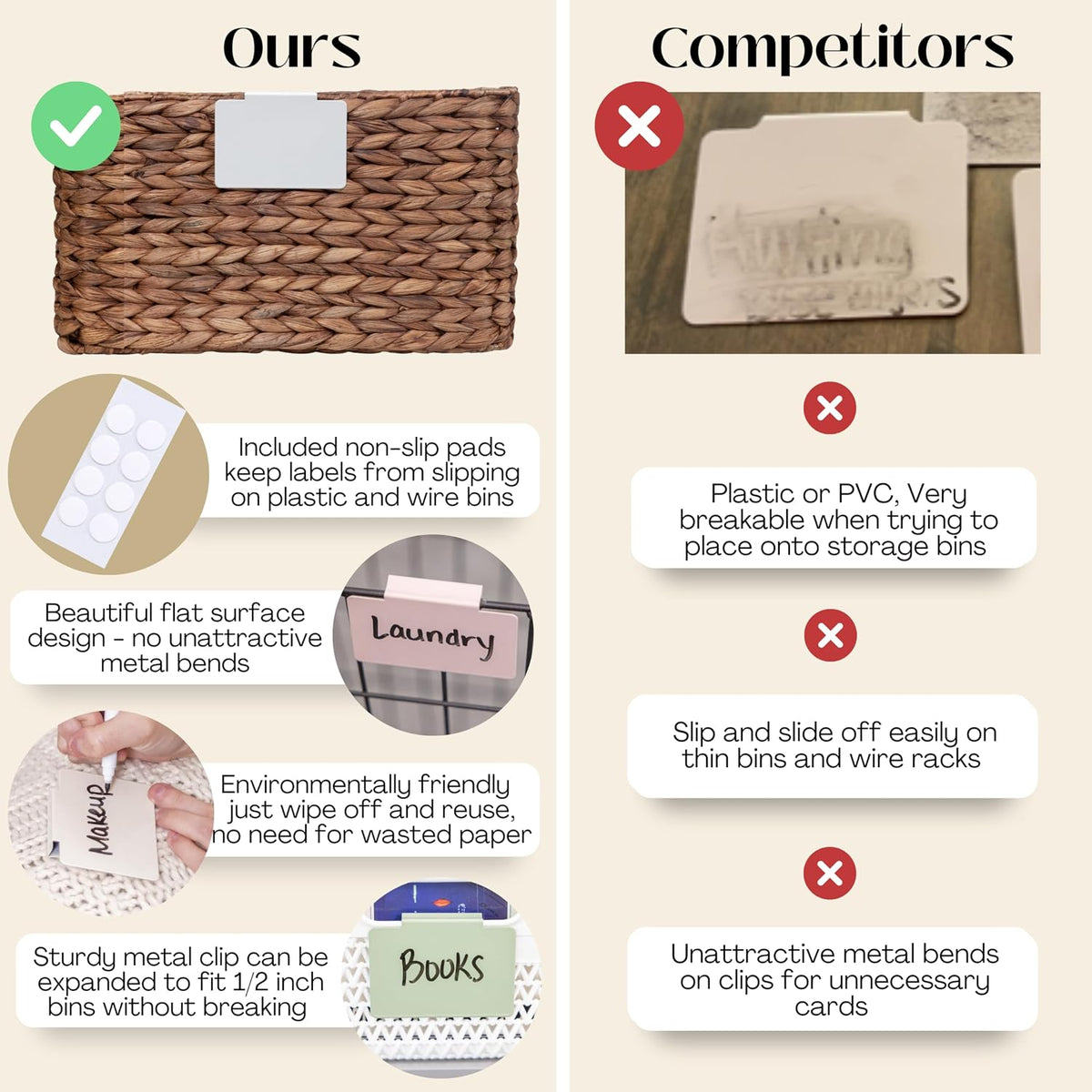 Metal Non-Slip Basket Labels Clip On for Storage Bins, or Wire Racks | Includes 8 Labels, 8 Non-Slip Pads, and 1 Free Marker (Cream)