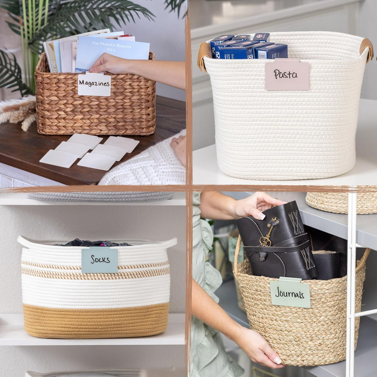 Metal Non-Slip Basket Labels Clip On for Storage Bins, or Wire Racks | Includes 8 Labels, 8 Non-Slip Pads, and 1 Free Marker (Cream)
