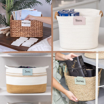 Metal Non-Slip Basket Labels Clip On for Storage Bins, or Wire Racks | Includes 8 Labels, 8 Non-Slip Pads, and 1 Free Marker (Cream)