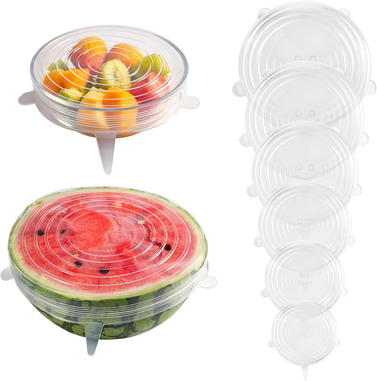 Reusable Silicone Stretch Fresh-Keeping Lids, 6 Sizes 2.6/3.6/4.4/5.5/6.3/7.5 Inches Food Storage Covers, Fit Cup, Bowl, Plate, Fruit and Glass Bowl to Keep Food Fresh