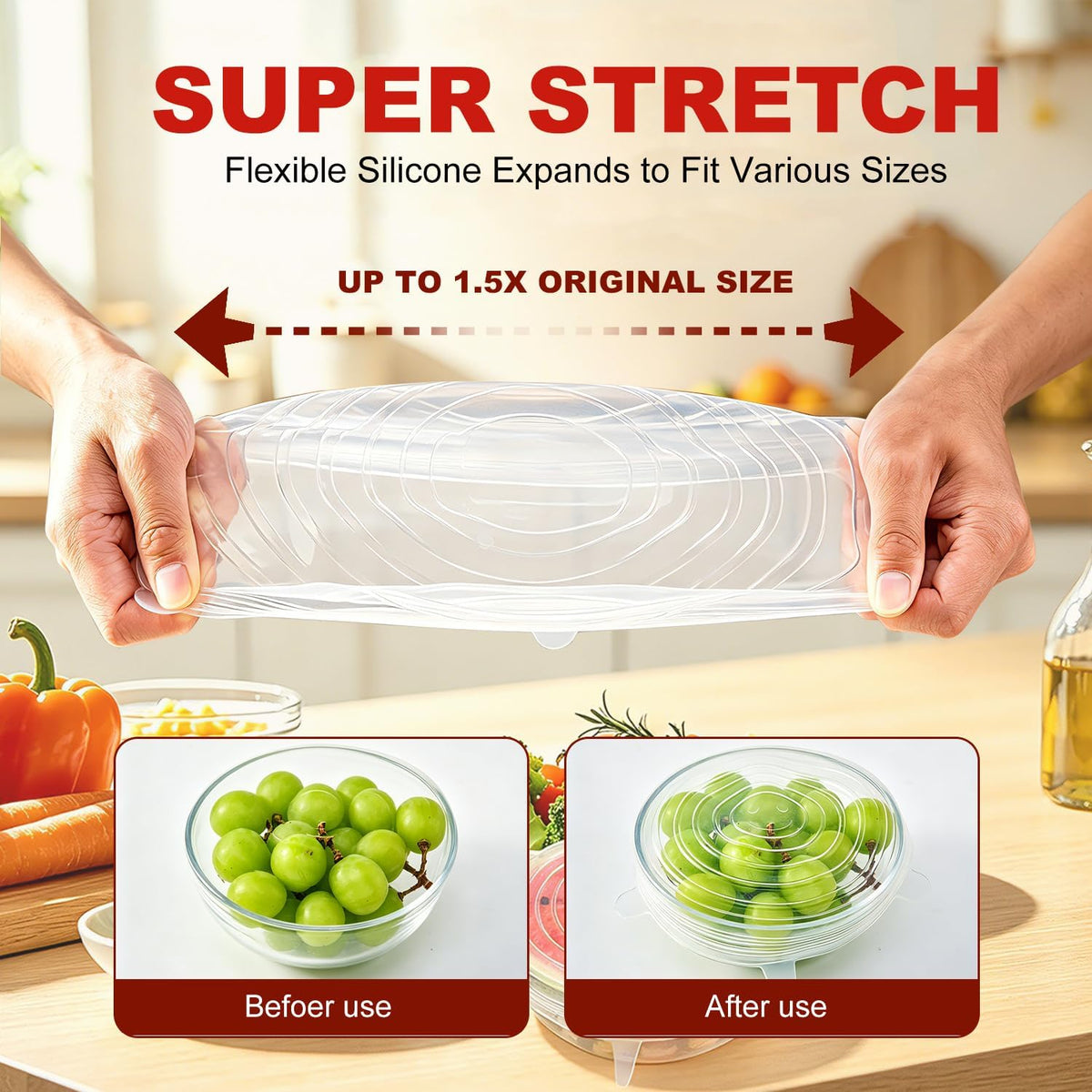 Reusable Silicone Stretch Fresh-Keeping Lids, 6 Sizes 2.6/3.6/4.4/5.5/6.3/7.5 Inches Food Storage Covers, Fit Cup, Bowl, Plate, Fruit and Glass Bowl to Keep Food Fresh