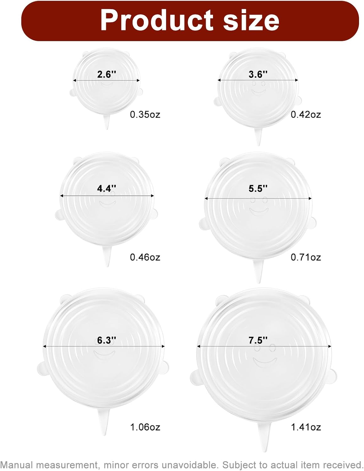 Reusable Silicone Stretch Fresh-Keeping Lids, 6 Sizes 2.6/3.6/4.4/5.5/6.3/7.5 Inches Food Storage Covers, Fit Cup, Bowl, Plate, Fruit and Glass Bowl to Keep Food Fresh