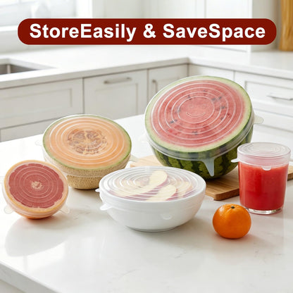 Reusable Silicone Stretch Fresh-Keeping Lids, 6 Sizes 2.6/3.6/4.4/5.5/6.3/7.5 Inches Food Storage Covers, Fit Cup, Bowl, Plate, Fruit and Glass Bowl to Keep Food Fresh
