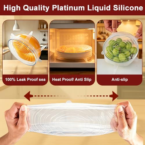 Reusable Silicone Stretch Fresh-Keeping Lids, 6 Sizes 2.6/3.6/4.4/5.5/6.3/7.5 Inches Food Storage Covers, Fit Cup, Bowl, Plate, Fruit and Glass Bowl to Keep Food Fresh