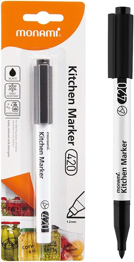 Kitchen Marker 420, Fine Tip (1.2mm), Permanent Marker for Plastic Freezer Bags, Food Storage Containers, Ziploc, Erasable with Dish Detergent, Black, 1pc