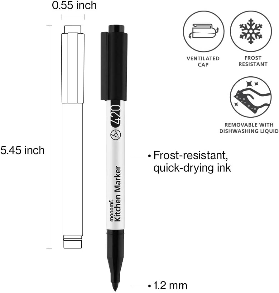Kitchen Marker 420, Fine Tip (1.2mm), Permanent Marker for Plastic Freezer Bags, Food Storage Containers, Ziploc, Erasable with Dish Detergent, Black, 1pc