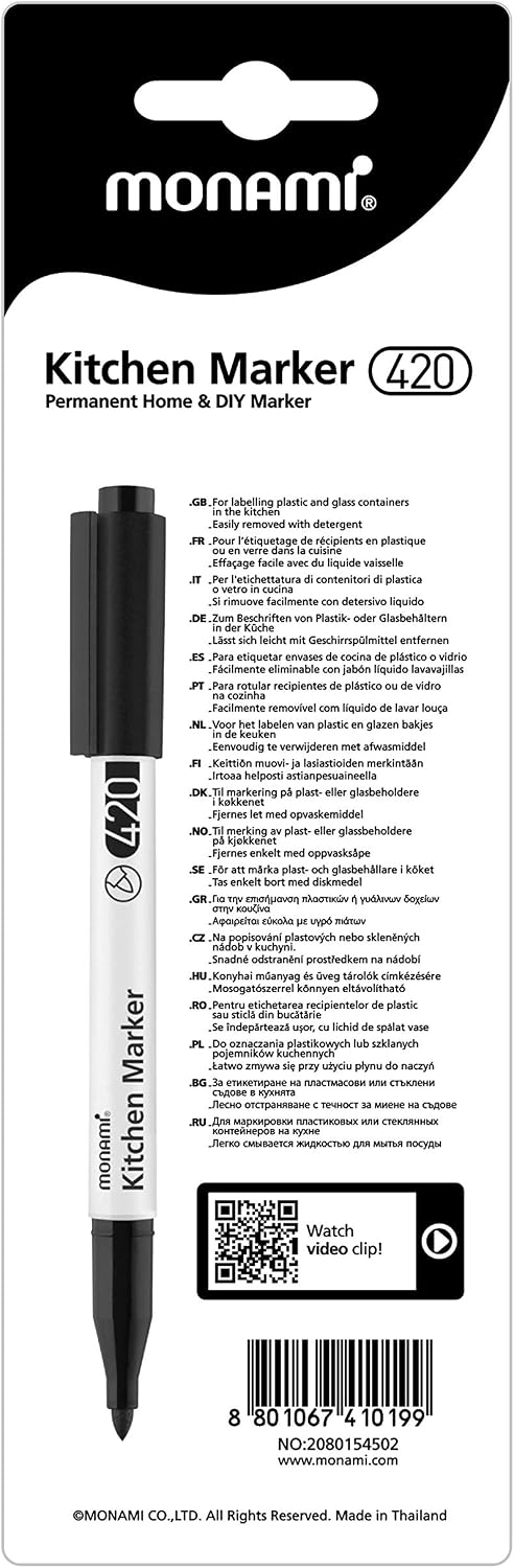 Kitchen Marker 420, Fine Tip (1.2mm), Permanent Marker for Plastic Freezer Bags, Food Storage Containers, Ziploc, Erasable with Dish Detergent, Black, 1pc