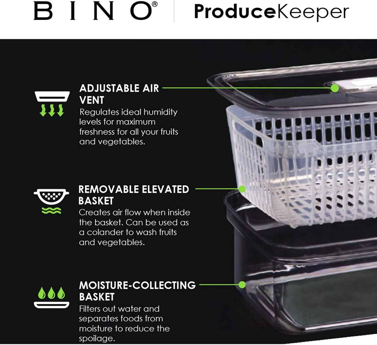 Produce Saver - 15.2 Cup/3.6L | Fridge Storage Containers for Fruits and Vegetables | Vegetable Storage with Adjustable Air Vent, Removable Basket | BPA-Free Fridge Organizers and Storage