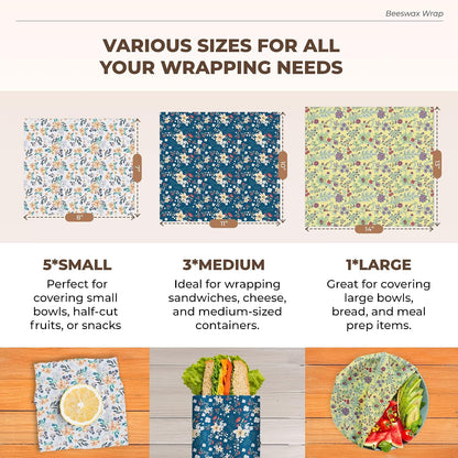 Reusable Beeswax Food Wraps 9-Pack | Organic Eco-Friendly Sustainable Plastic-Free for Sandwiches, Bread, Produce & Leftovers | Zero Waste Food Storage Variety Pack (1XL, 3M, 5S)