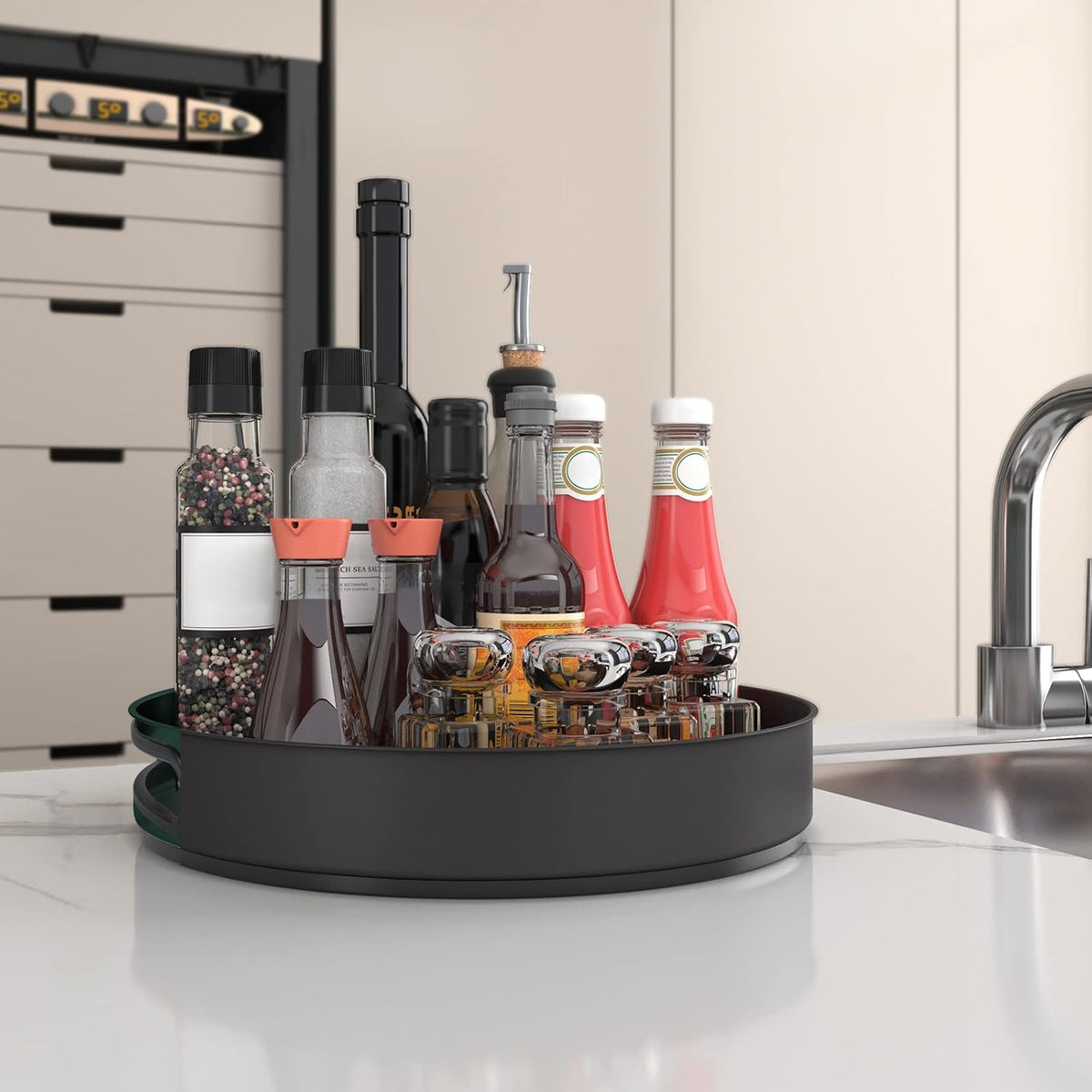 Lazy Susan Turntable Spice Rack Organizer for Kitchen Cabinet, Storage Tray for Fruit, Snacks, Salad - Organizer for Cupboard, Pantry, Bathroom, Table, Cosmetic (Silver, 7 1/2‘’)