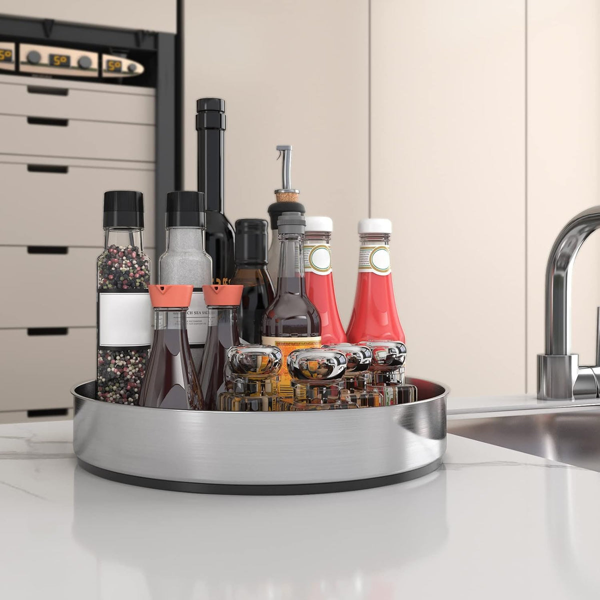 Lazy Susan Turntable Spice Rack Organizer for Kitchen Cabinet, Storage Tray for Fruit, Snacks, Salad - Organizer for Cupboard, Pantry, Bathroom, Table, Cosmetic (Silver, 7 1/2‘’)