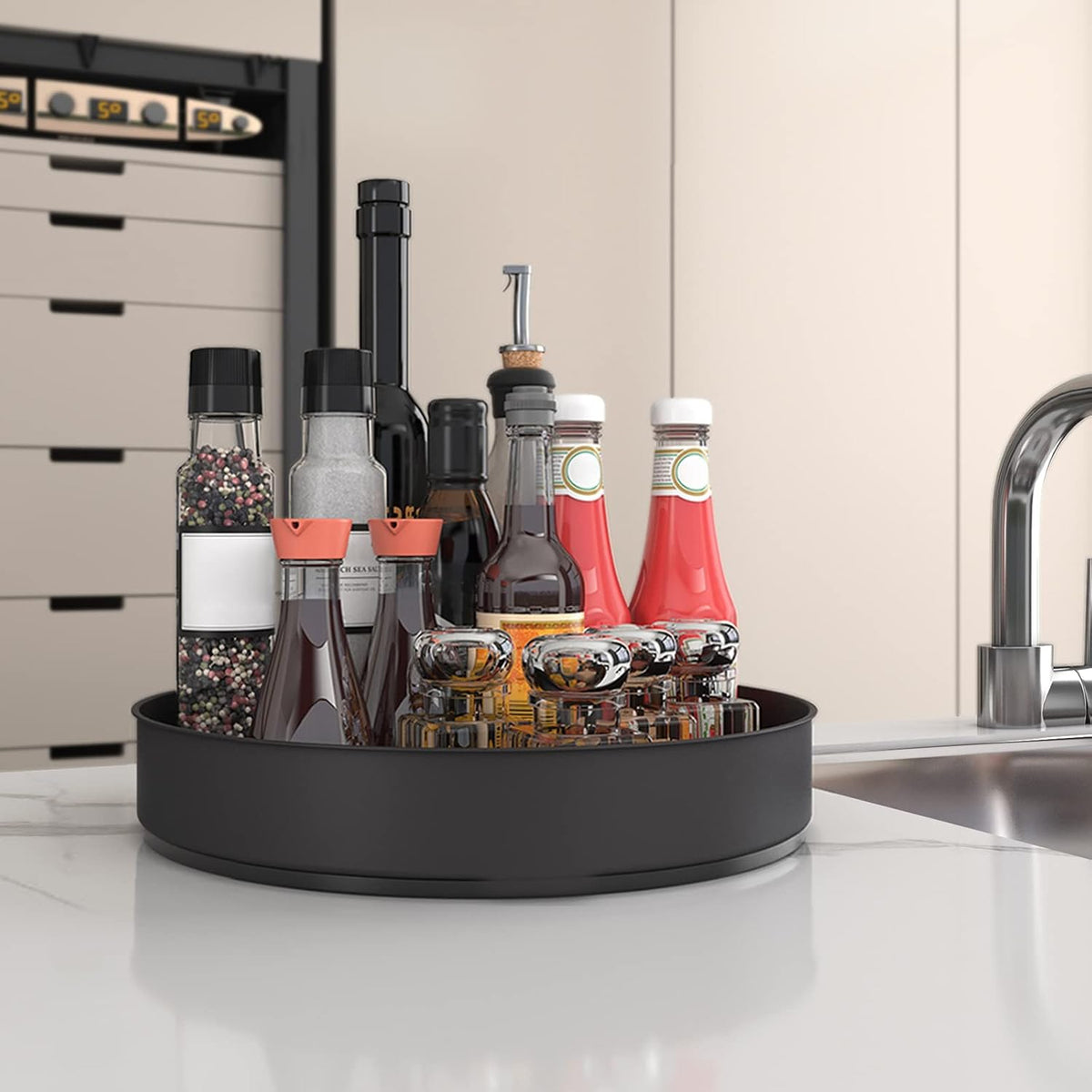 Lazy Susan Turntable Spice Rack Organizer for Kitchen Cabinet, Storage Tray for Fruit, Snacks, Salad - Organizer for Cupboard, Pantry, Bathroom, Table, Cosmetic (Silver, 7 1/2‘’)