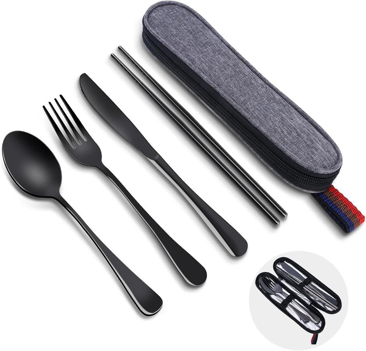 5 Piece Travel Utensils Set With Case, Stainless Steel, Black