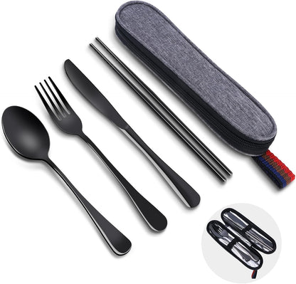 5 Piece Travel Utensils Set With Case, Stainless Steel, Black