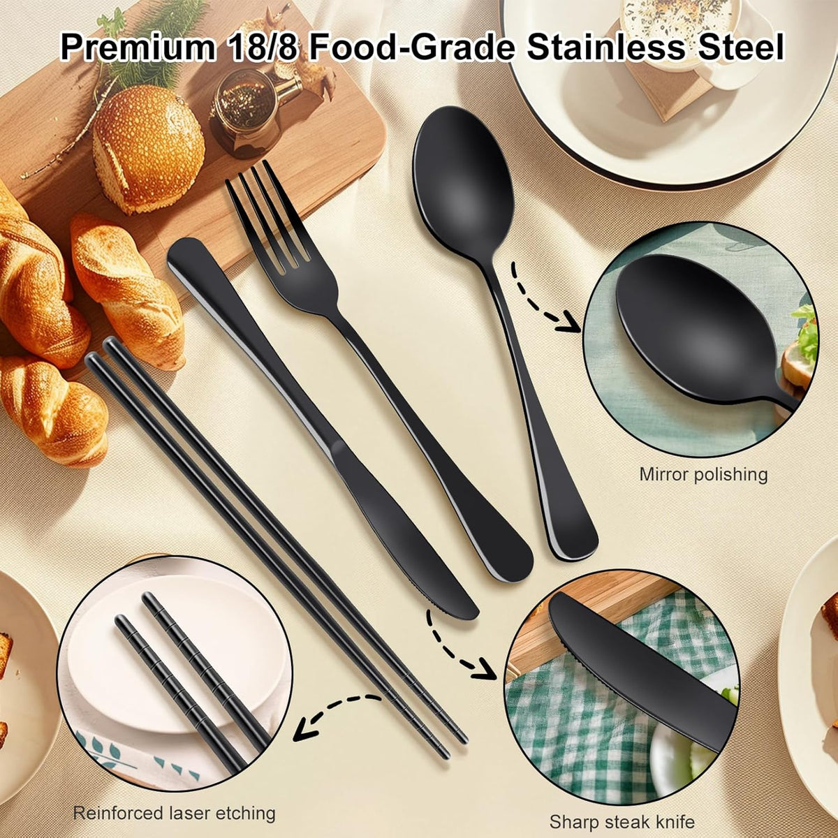 5 Piece Travel Utensils Set With Case, Stainless Steel, Black