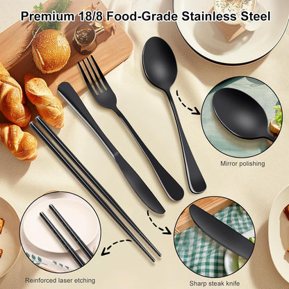 5 Piece Travel Utensils Set With Case, Stainless Steel, Black
