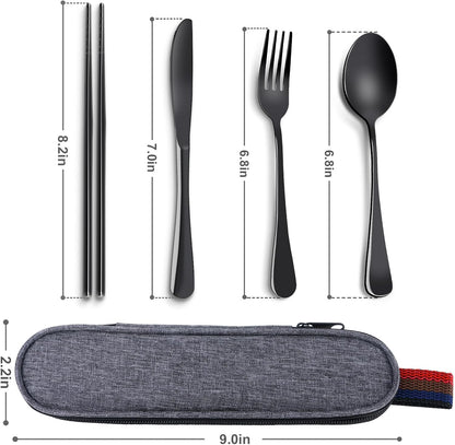 5 Piece Travel Utensils Set With Case, Stainless Steel, Black