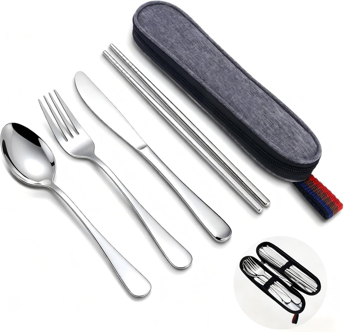 5 Piece Travel Utensils Set With Case, Stainless Steel, Black