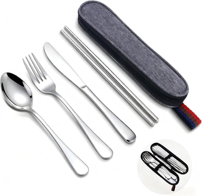 5 Piece Travel Utensils Set With Case, Stainless Steel, Black