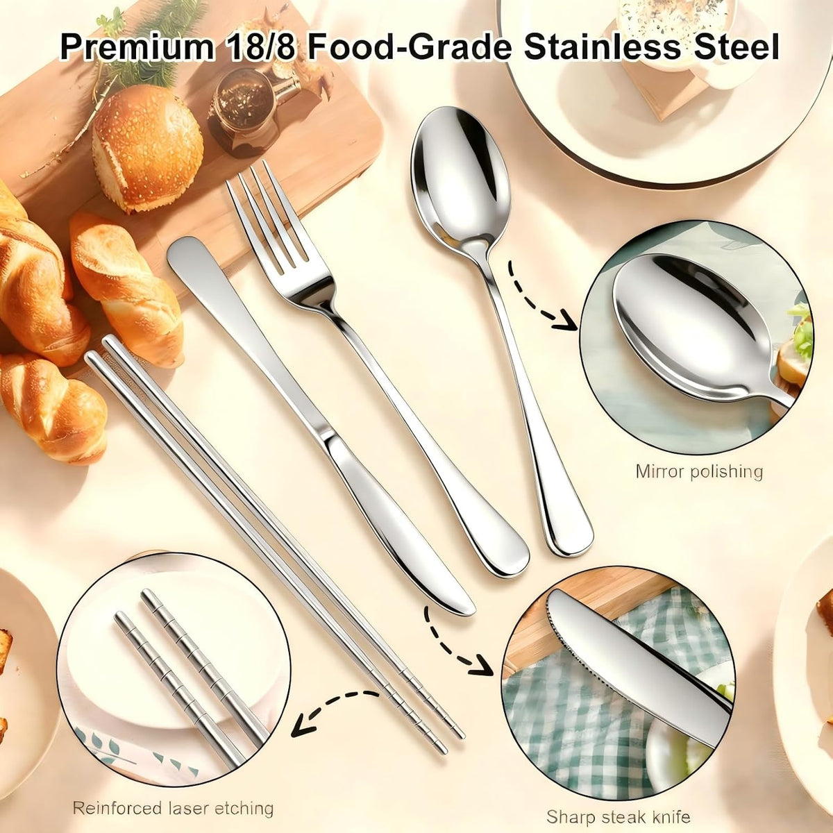 5 Piece Travel Utensils Set With Case, Stainless Steel, Black