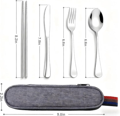 5 Piece Travel Utensils Set With Case, Stainless Steel, Black