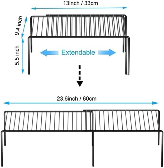 Kitchen Cabinet Expandable Shelf Organizers Set of 2, Adjustable Metal Wire Pantry Storage Shelves, Plate Dish Organizer Rack for Cabinets, Cupboard, Counter, Freezer, Countertop, White