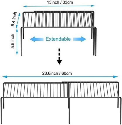 Kitchen Cabinet Expandable Shelf Organizers Set of 2, Adjustable Metal Wire Pantry Storage Shelves, Plate Dish Organizer Rack for Cabinets, Cupboard, Counter, Freezer, Countertop, White