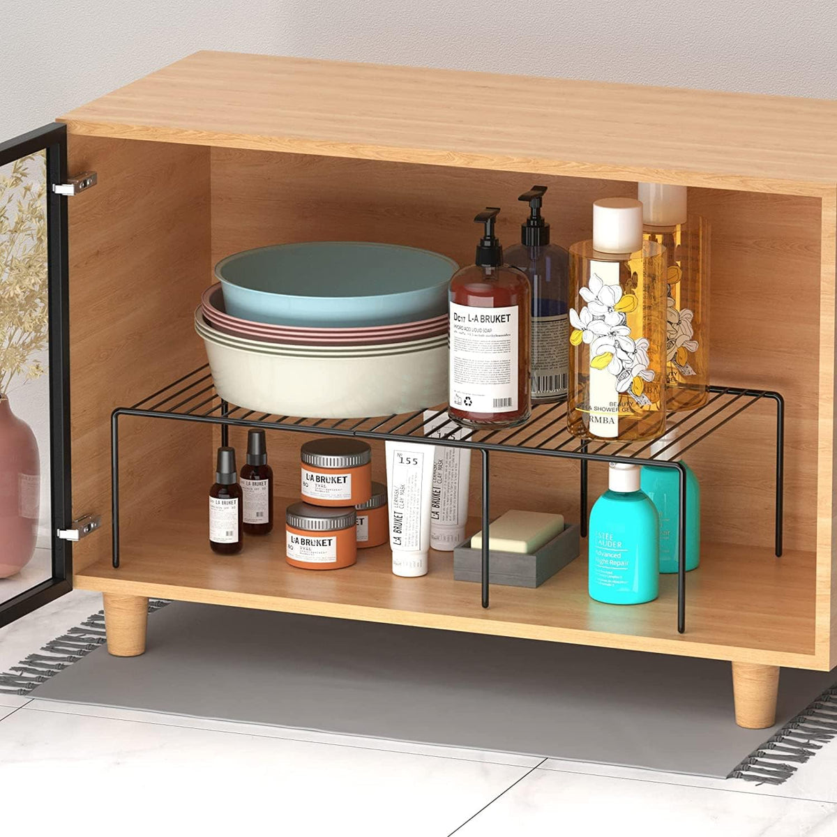 Kitchen Cabinet Expandable Shelf Organizers Set of 2, Adjustable Metal Wire Pantry Storage Shelves, Plate Dish Organizer Rack for Cabinets, Cupboard, Counter, Freezer, Countertop, White