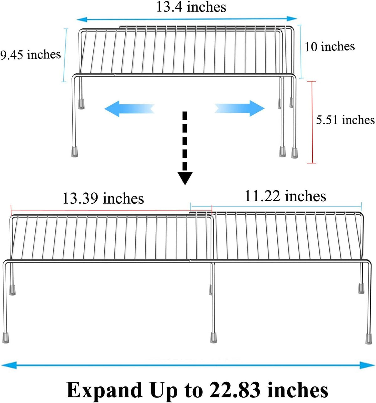 Kitchen Cabinet Expandable Shelf Organizers Set of 2, Adjustable Metal Wire Pantry Storage Shelves, Plate Dish Organizer Rack for Cabinets, Cupboard, Counter, Freezer, Countertop, White