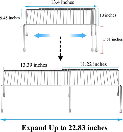 Kitchen Cabinet Expandable Shelf Organizers Set of 2, Adjustable Metal Wire Pantry Storage Shelves, Plate Dish Organizer Rack for Cabinets, Cupboard, Counter, Freezer, Countertop, White