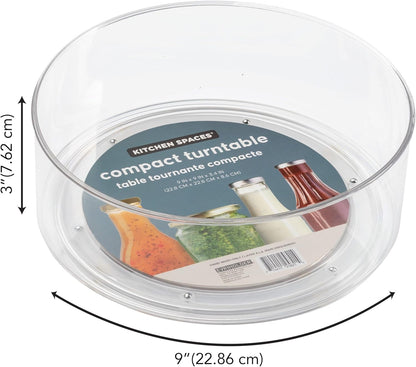 Compact Lazy Susan Organizer, Fridge or Cabinet Turntable Shelf Storage for Kitchen and Pantry Items, Great for Spices or Condiments, Clear and Sturdy with Full Spin, 9 x 9 x 3.4 inches