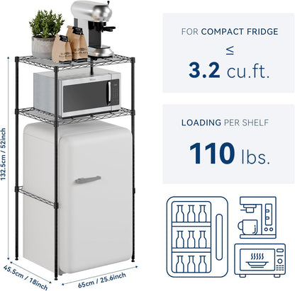 2-Tier Mini Fridge and Microwave Storage Shelf,Adjustable Height Metal Small Refrigerator Stand,110 lbs Capacity per Shelf, Max 220 lbs Total for Kitchen, Office, and Dorms,24" L x 18" D x 52" H