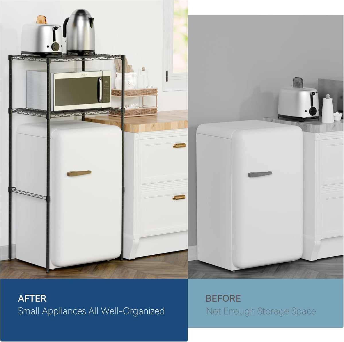 2-Tier Mini Fridge and Microwave Storage Shelf,Adjustable Height Metal Small Refrigerator Stand,110 lbs Capacity per Shelf, Max 220 lbs Total for Kitchen, Office, and Dorms,24" L x 18" D x 52" H