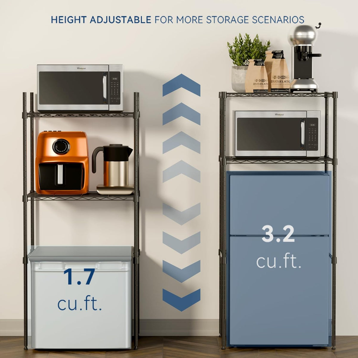 2-Tier Mini Fridge and Microwave Storage Shelf,Adjustable Height Metal Small Refrigerator Stand,110 lbs Capacity per Shelf, Max 220 lbs Total for Kitchen, Office, and Dorms,24" L x 18" D x 52" H