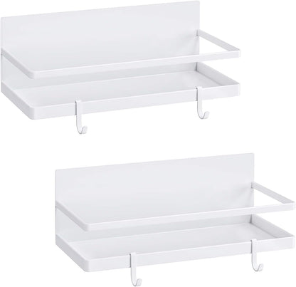 Magnetic Spice Rack, Strong Magnetic Shelf with 2 Removable Hooks, Perfect Space Saver for Small Kitchen/ Apartment, Awesome Metal Cabinet for Holding Spices, Jars, Salt (White, 2Pack)