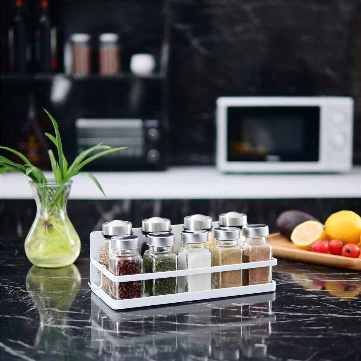 Magnetic Spice Rack, Strong Magnetic Shelf with 2 Removable Hooks, Perfect Space Saver for Small Kitchen/ Apartment, Awesome Metal Cabinet for Holding Spices, Jars, Salt (White, 2Pack)