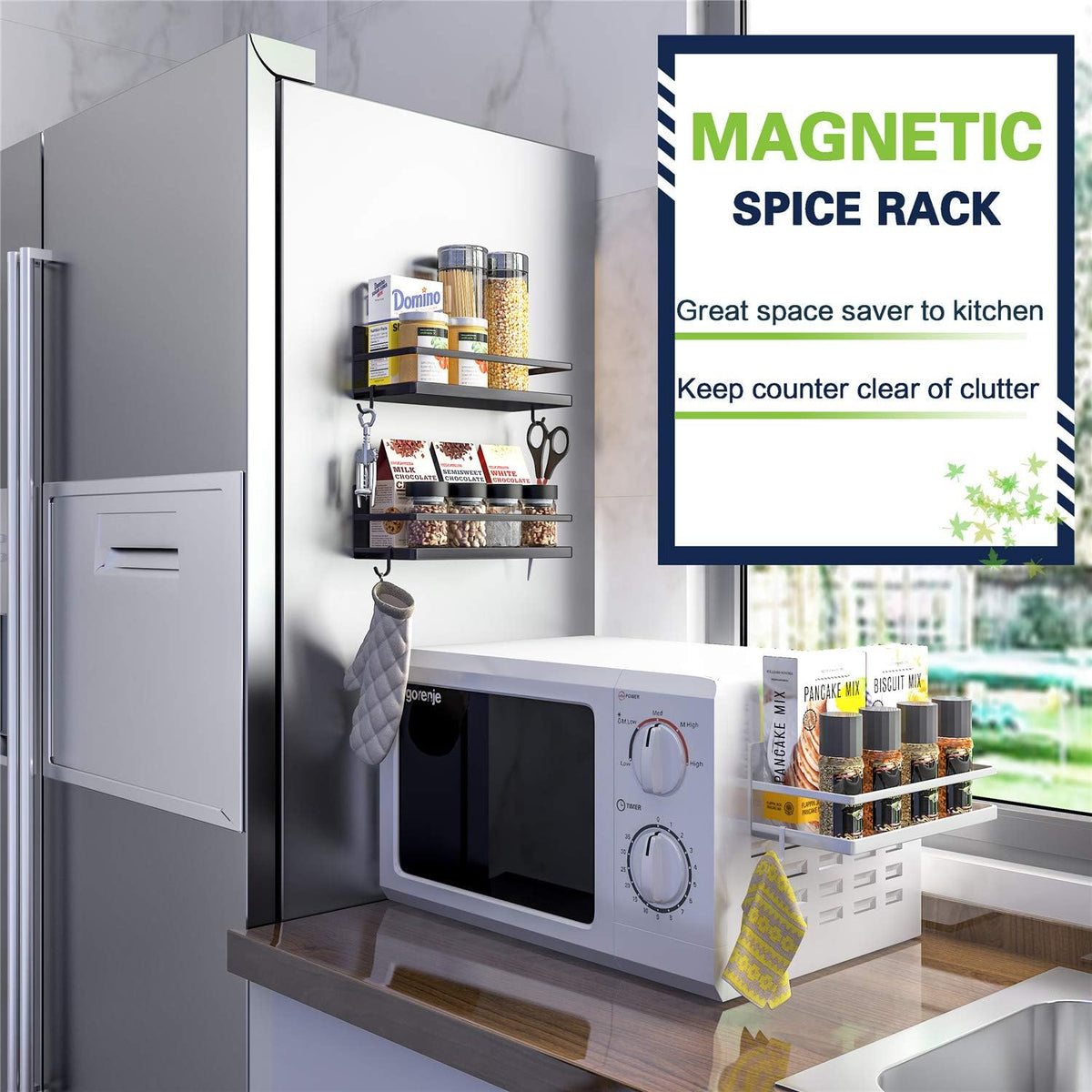 Magnetic Spice Rack, Strong Magnetic Shelf with 2 Removable Hooks, Perfect Space Saver for Small Kitchen/ Apartment, Awesome Metal Cabinet for Holding Spices, Jars, Salt (White, 2Pack)