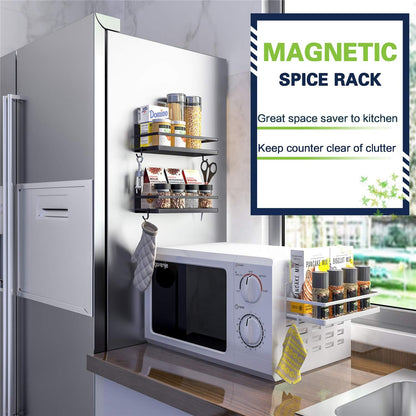Magnetic Spice Rack, Strong Magnetic Shelf with 2 Removable Hooks, Perfect Space Saver for Small Kitchen/ Apartment, Awesome Metal Cabinet for Holding Spices, Jars, Salt (White, 2Pack)
